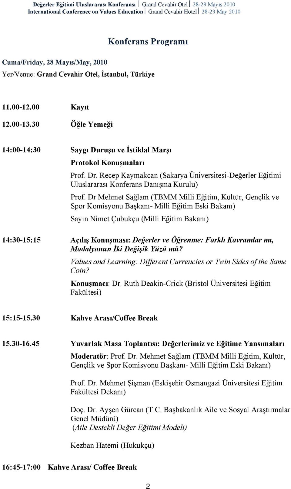 Dr Mehmet Sağlam (TBMM Milli Eğitim, Kültür, Gençlik ve Spor Komisyonu Başkanı- Milli Eğitim Eski Bakanı) Sayın Nimet Çubukçu (Milli Eğitim Bakanı) 14:30-15:15 Açılış Konuşması: Değerler ve Öğrenme: