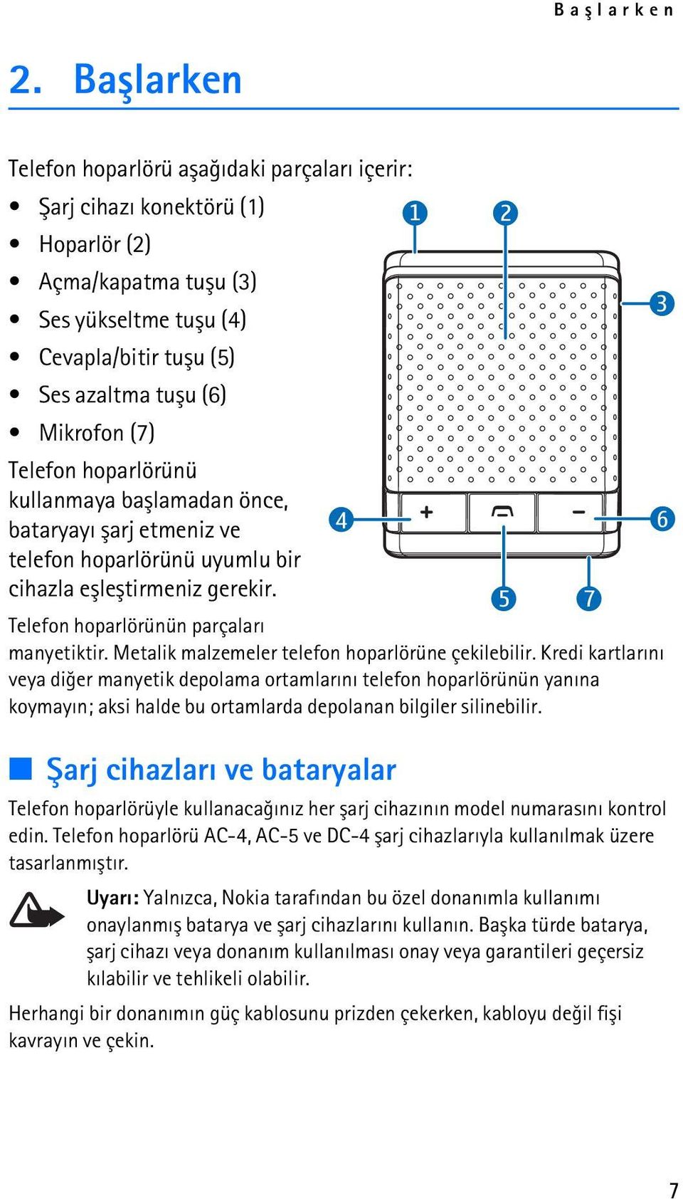 Telefon hoparlörünü kullanmaya baþlamadan önce, bataryayý þarj etmeniz ve telefon hoparlörünü uyumlu bir 4 6 cihazla eþleþtirmeniz gerekir. Telefon hoparlörünün parçalarý 5 7 manyetiktir.