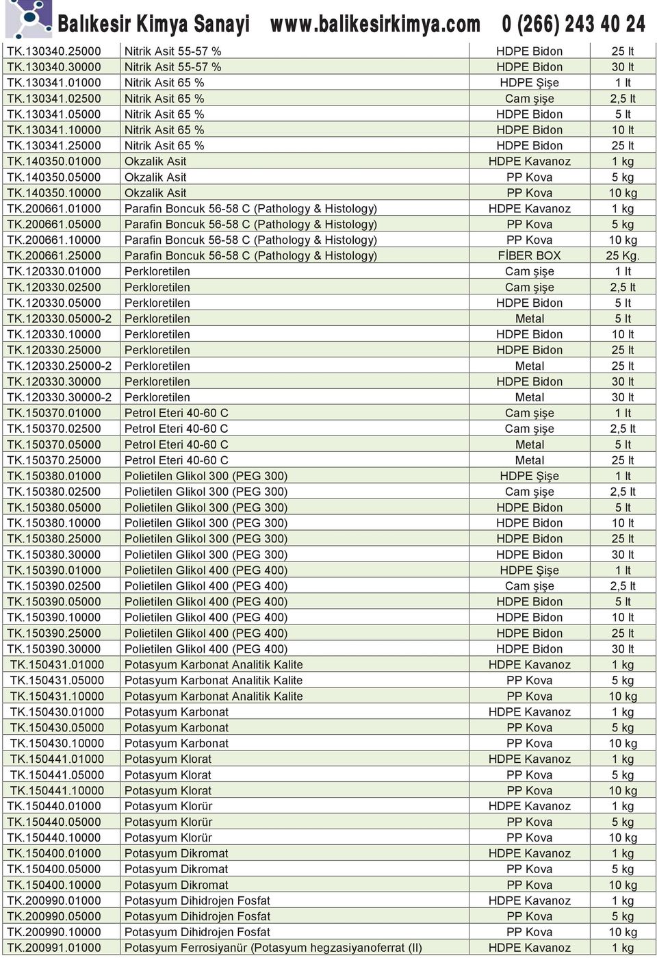 140350.05000 Okzalik Asit PP Kova 5 kg TK.140350.10000 Okzalik Asit PP Kova 10 kg TK.200661.01000 Parafin Boncuk 56-58 C (Pathology & Histology) HDPE Kavanoz 1 kg TK.200661.05000 Parafin Boncuk 56-58 C (Pathology & Histology) PP Kova 5 kg TK.