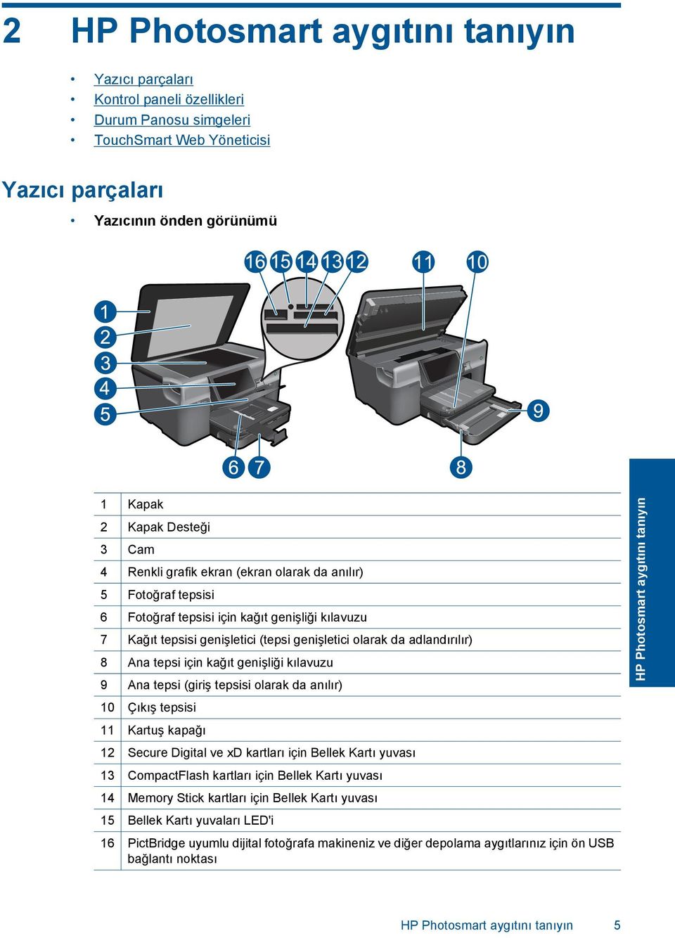 için kağıt genişliği kılavuzu 9 Ana tepsi (giriş tepsisi olarak da anılır) 10 Çıkış tepsisi 11 Kartuş kapağı 12 Secure Digital ve xd kartları için Bellek Kartı yuvası 13 CompactFlash kartları için