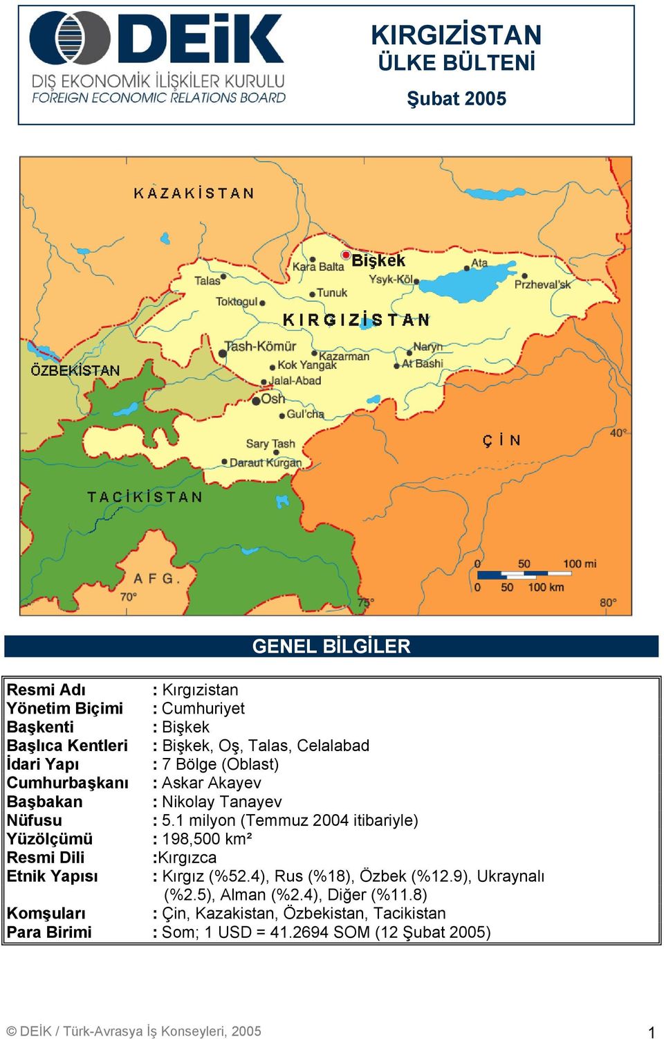 1 milyon (Temmuz 2004 itibariyle) Yüzölçümü : 198,500 km² Resmi Dili :Kırgızca Etnik Yapısı : Kırgız (%52.4), Rus (%18), Özbek (%12.