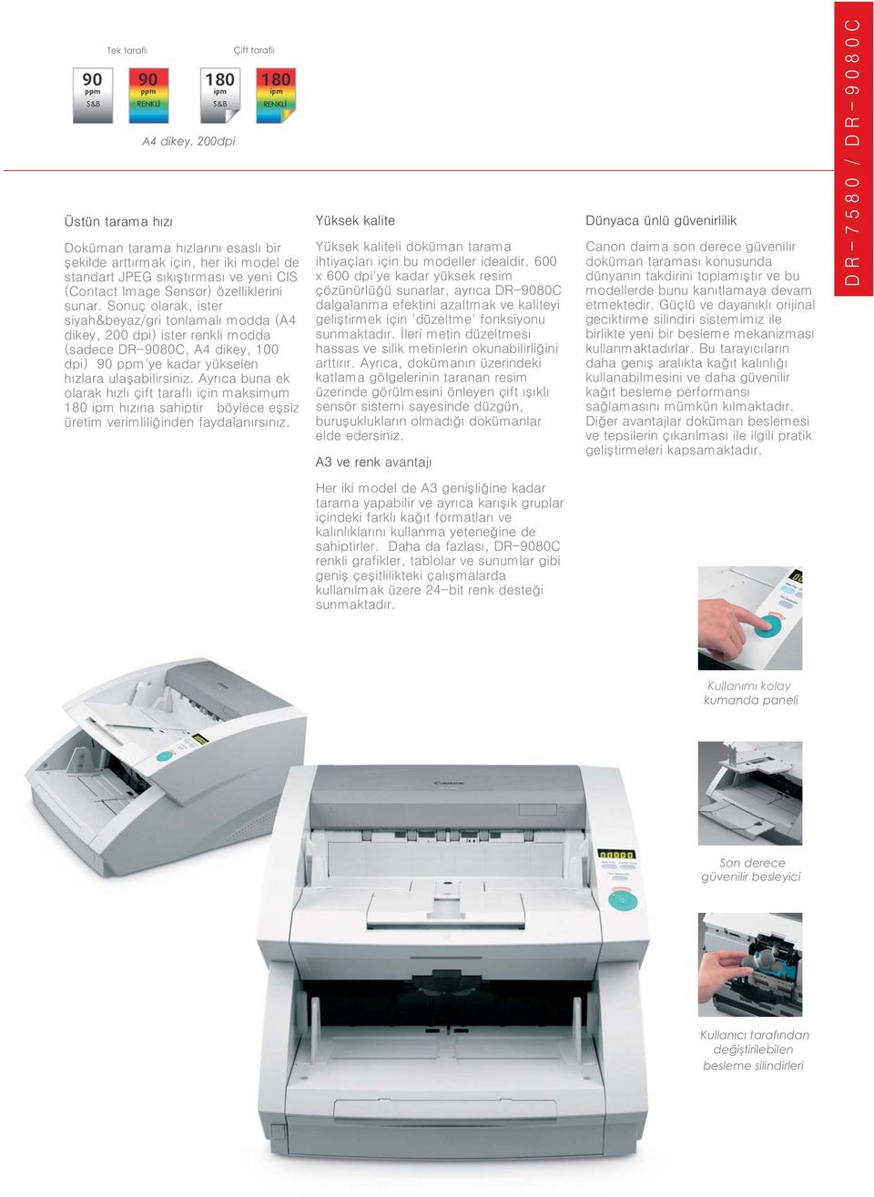 Sonuç olarak, ister siyah&beyaz/gri tonlamalı modda (A4 dikey, 200 dpi) ister renkli modda (sadece DR-9080C, A4 dikey, 100 dpi) 90 ppm'ye kadar yükselen hızlara ulaşabilirsiniz.