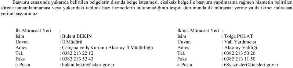 İlk Müracaat Yeri : İkinci Müracaat Yeri : İsim : Bülent BEKİN İsim : Tolga POLAT Unvan : İl Müdürü Unvan : Vali Yardımcısı Adres : Çalışma ve İş Kurumu Aksaray İl