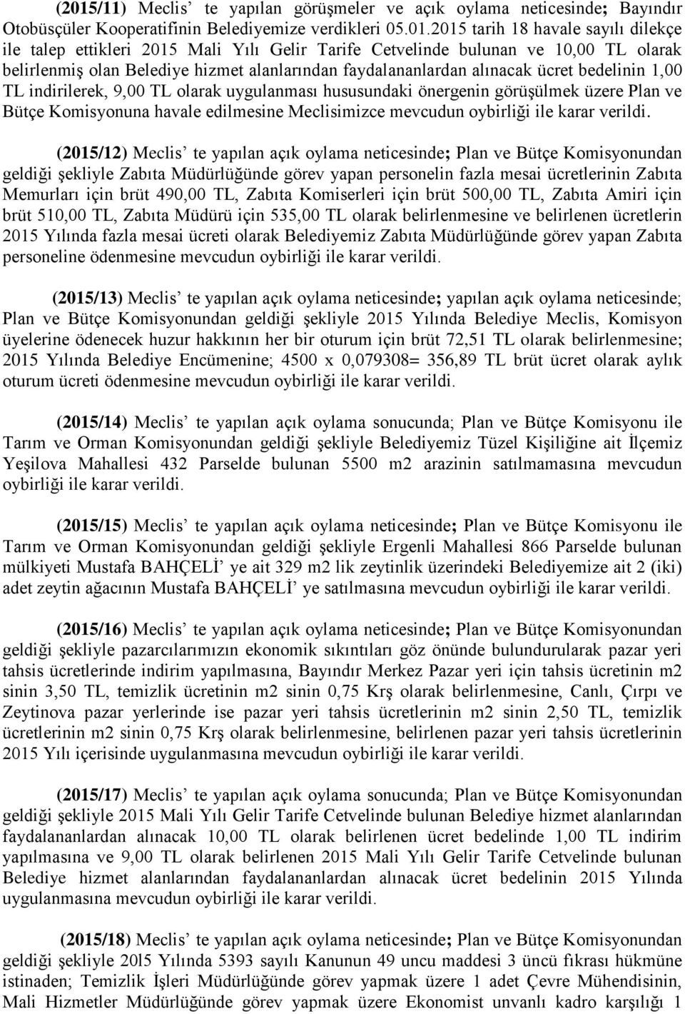 hususundaki önergenin görüşülmek üzere Plan ve Bütçe Komisyonuna havale edilmesine Meclisimizce mevcudun oybirliği ile (2015/12) Meclis te yapılan açık oylama neticesinde; Plan ve Bütçe Komisyonundan