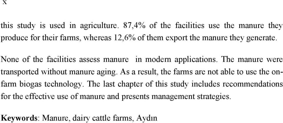 None of the facilities assess manure in modern applications. The manure were transported without manure aging.