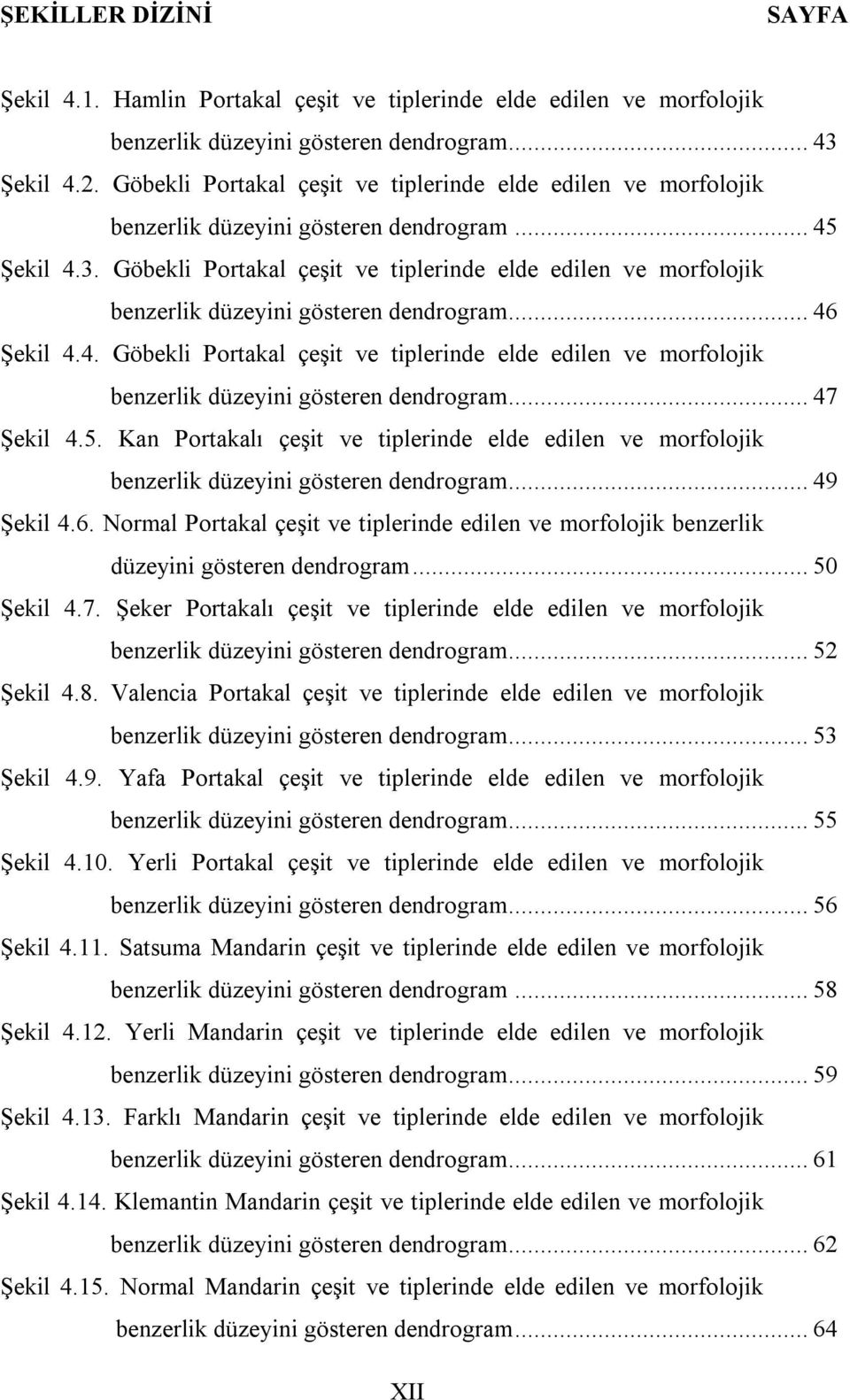 Göbekli Portakal çeşit ve tiplerinde elde edilen ve morfolojik benzerlik düzeyini gösteren dendrogram... 46