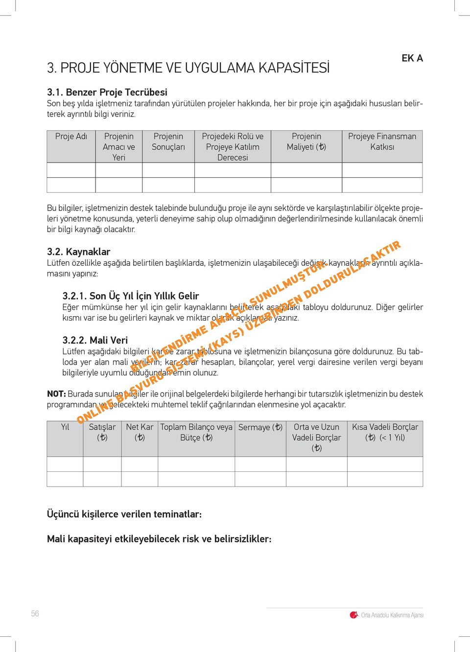 Proje Adı Projenin Amacı ve Yeri Projenin Sonuçları Projedeki Rolü ve Projeye Katılım Derecesi Projenin Maliyeti ( ) Projeye Finansman Katkısı Bu bilgiler, işletmenizin destek talebinde bulunduğu