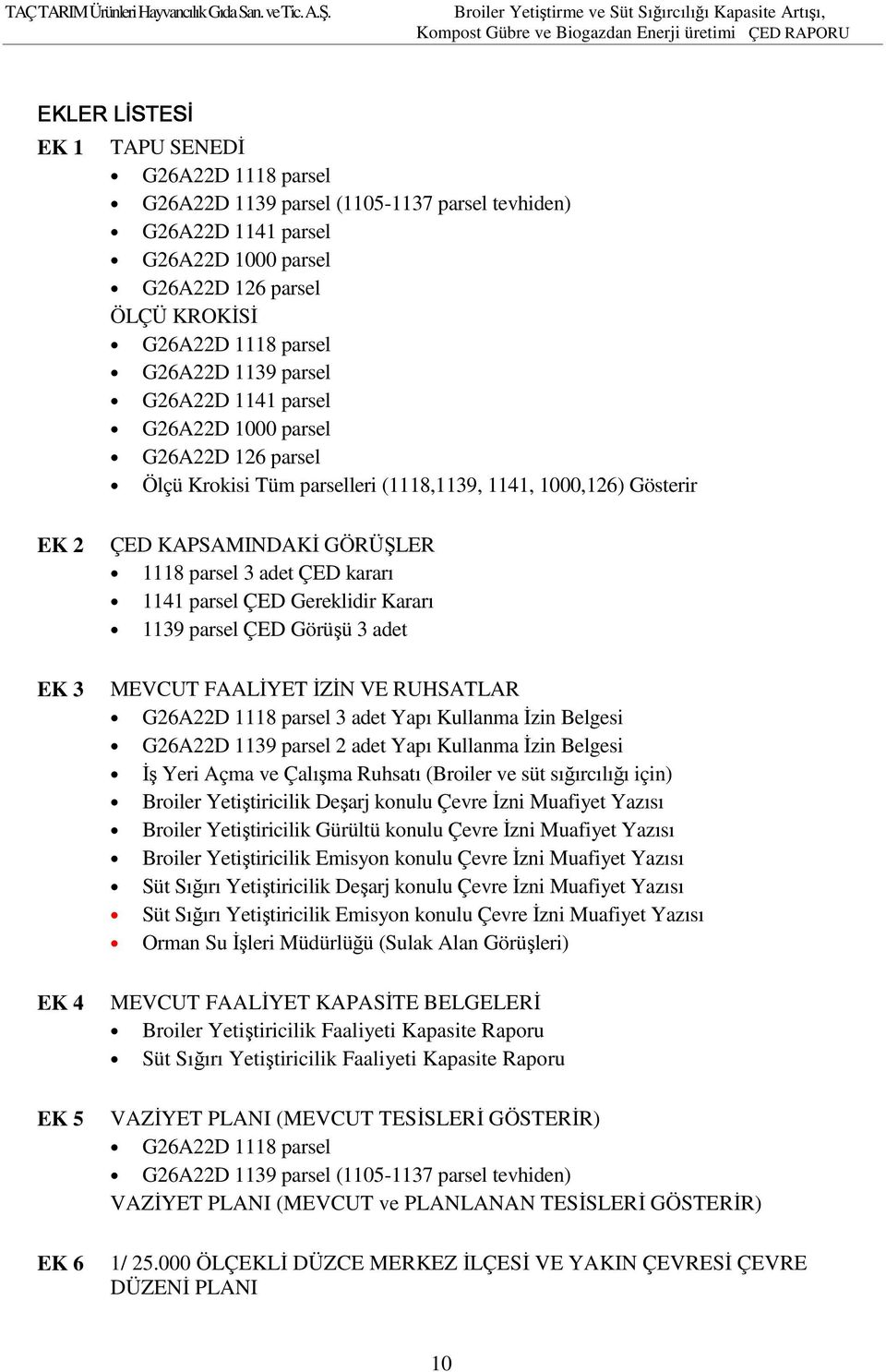 1141 parsel ÇED Gereklidir Kararı 1139 parsel ÇED Görüşü 3 adet EK 3 MEVCUT FAALİYET İZİN VE RUHSATLAR G26A22D 1118 parsel 3 adet Yapı Kullanma İzin Belgesi G26A22D 1139 parsel 2 adet Yapı Kullanma