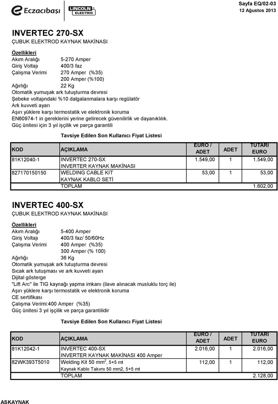 güvenilirlik ve dayanıklılık. Güç ünitesi için 3 yıl işçilik ve parça garantili 81K12040-1 INVERTEC 270-SX 1.549,00 1 1.