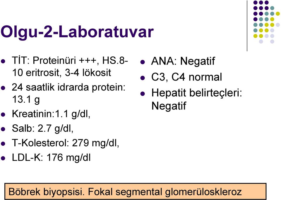 1 g Kreatinin:1.1 g/dl, Salb: 2.