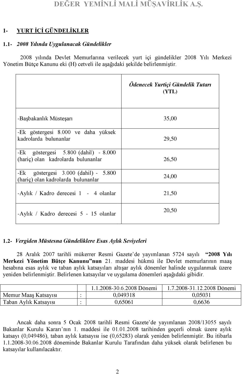 Ödenecek Yurtiçi Gündelik Tutarı (YTL) -Başbakanlık Müsteşarı 35,00 -Ek göstergesi 8.000 ve daha yüksek kadrolarda bulunanlar 29,50 -Ek göstergesi 5.800 (dahil) - 8.