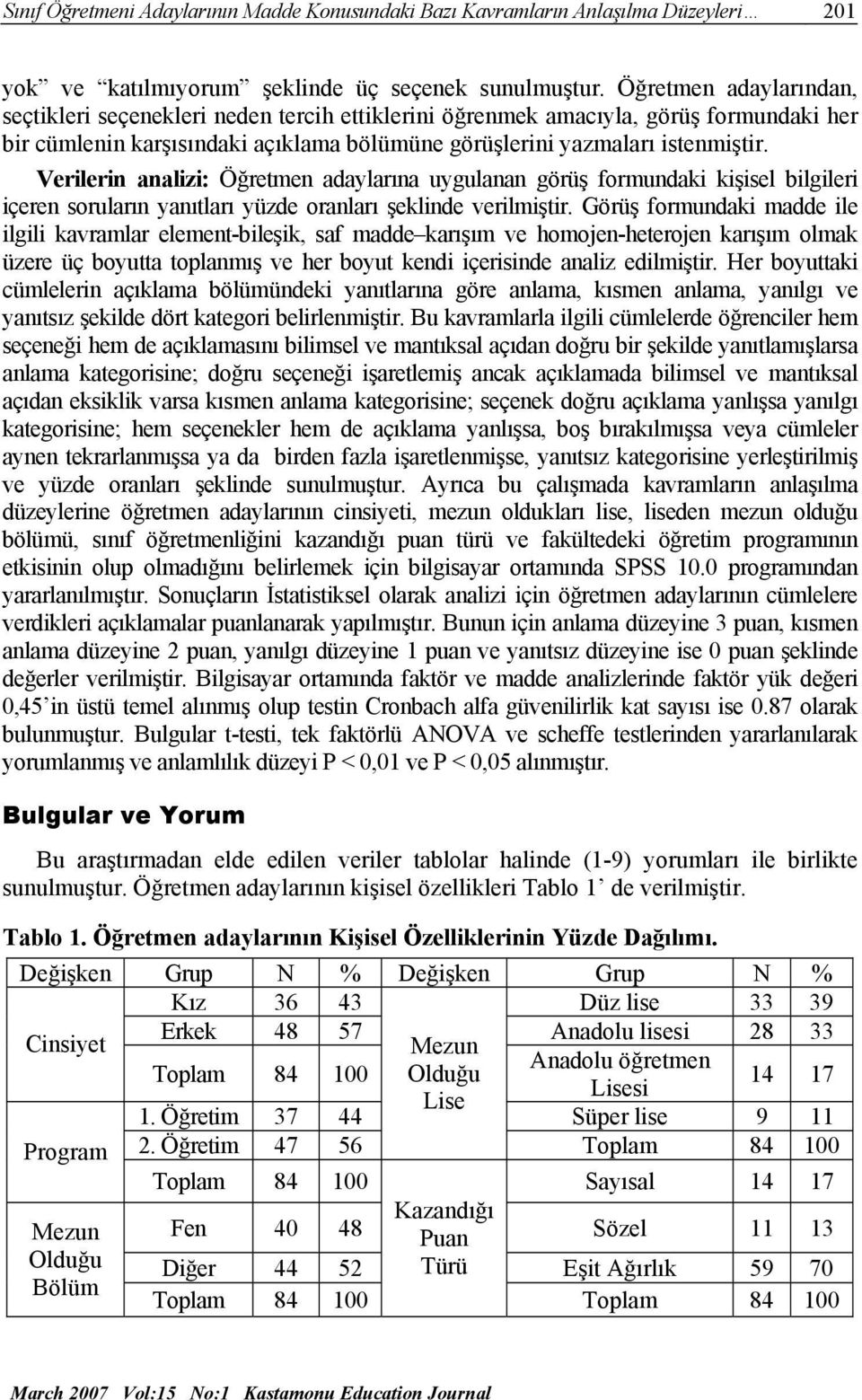 Verilerin analizi: Öğretmen adaylarına uygulanan görüş formundaki kişisel bilgileri içeren soruların yanıtları yüzde oranları şeklinde verilmiştir.