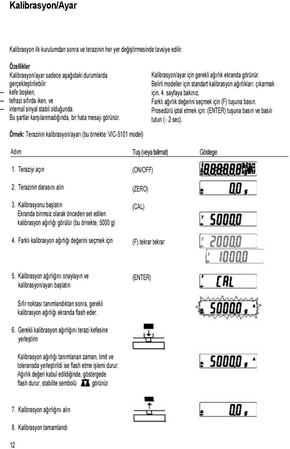 Bu şartlar karşılanmadığında, bir hata mesajı görünür. Kalibrasyon/ayar için gerekli ağırlık ekranda görünür. Belirli modeller için standart kalibrasyon ağırlıkları: çıkarmak için, 4. sayfaya bakınız.