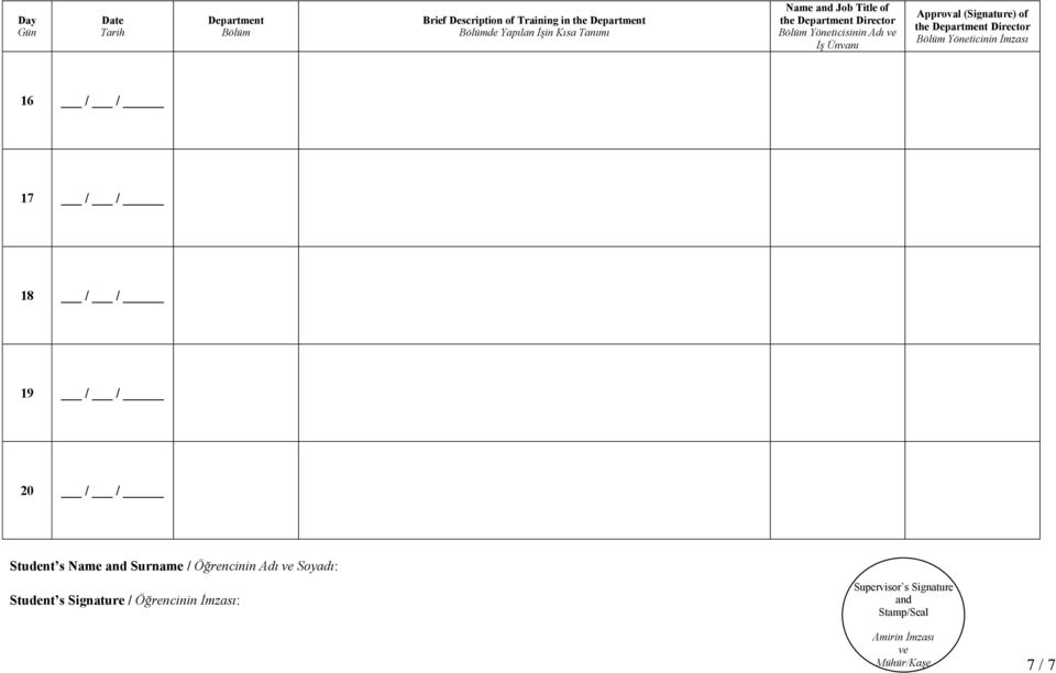Yöneticinin İmzası 16 / / 17 / / 18 / / 19 / / 20 /