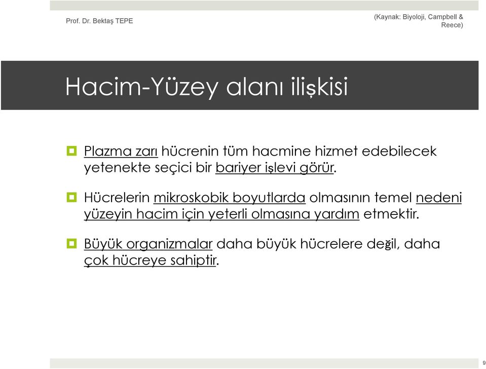 Hücrelerin mikroskobik boyutlarda olmasının temel nedeni yüzeyin hacim için