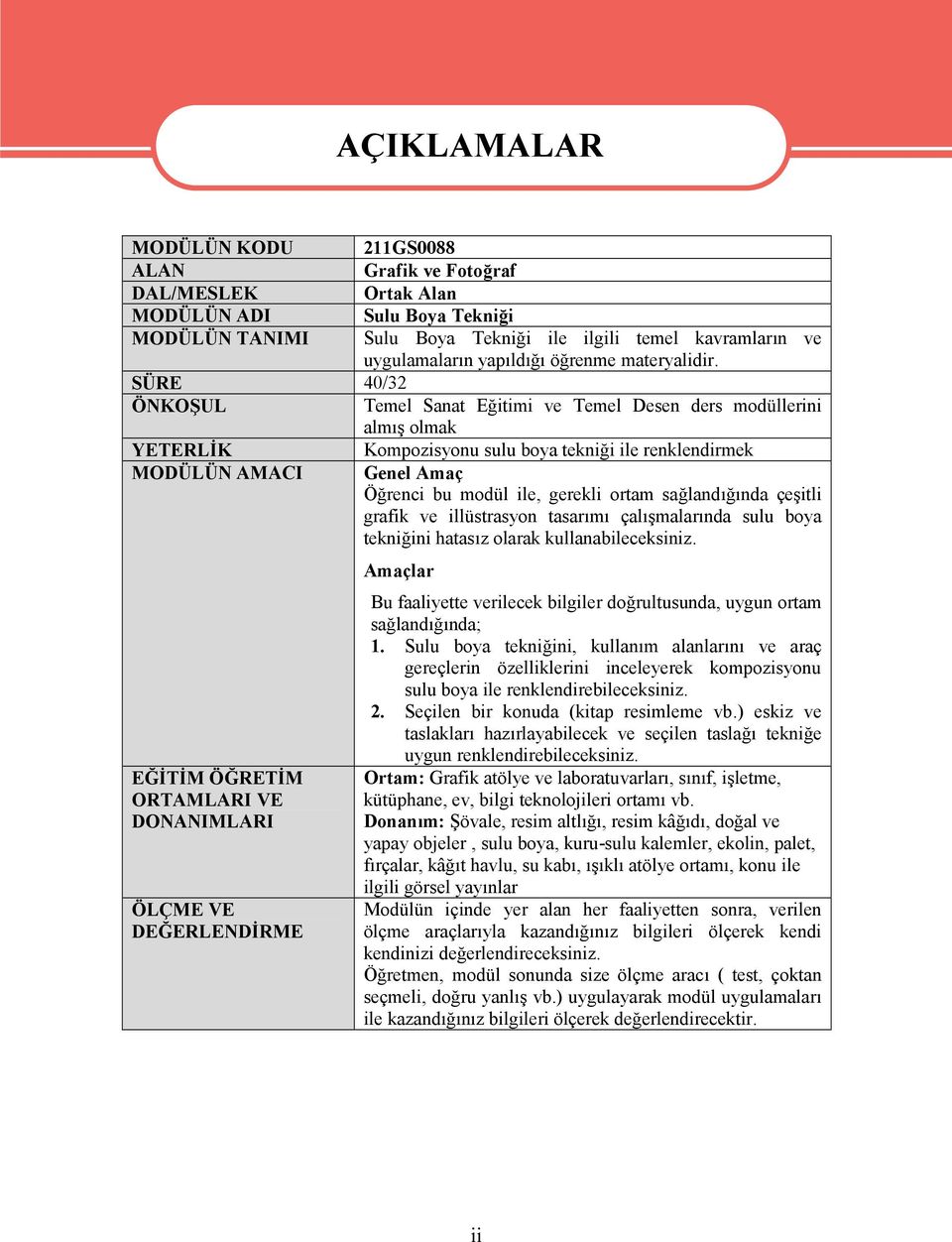 SÜRE 40/32 ÖNKOŞUL Temel Sanat Eğitimi ve Temel Desen ders modüllerini almış olmak YETERLİK Kompozisyonu sulu boya tekniği ile renklendirmek MODÜLÜN AMACI Genel Amaç Öğrenci bu modül ile, gerekli