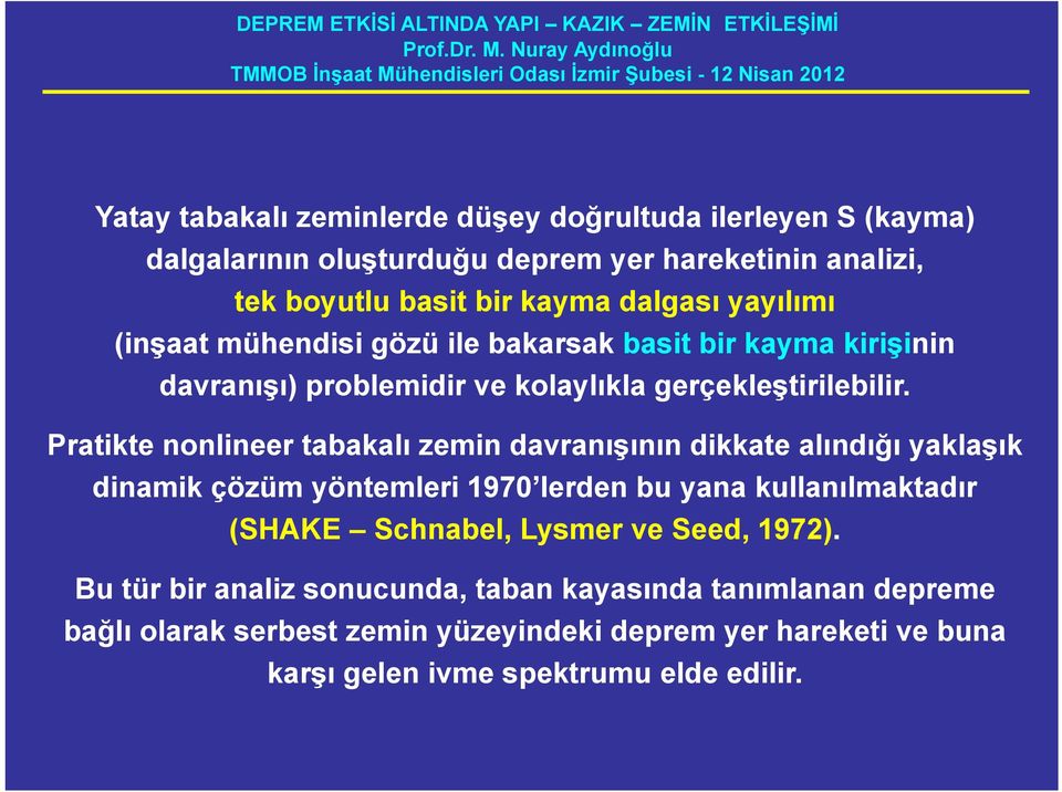 Pratikte nonlineer tabakalı zemin davranışının dikkate alındığı yaklaşık dinamik çözüm yöntemleri 1970 lerden bu yana kullanılmaktadır (SHAKE Schnabel,