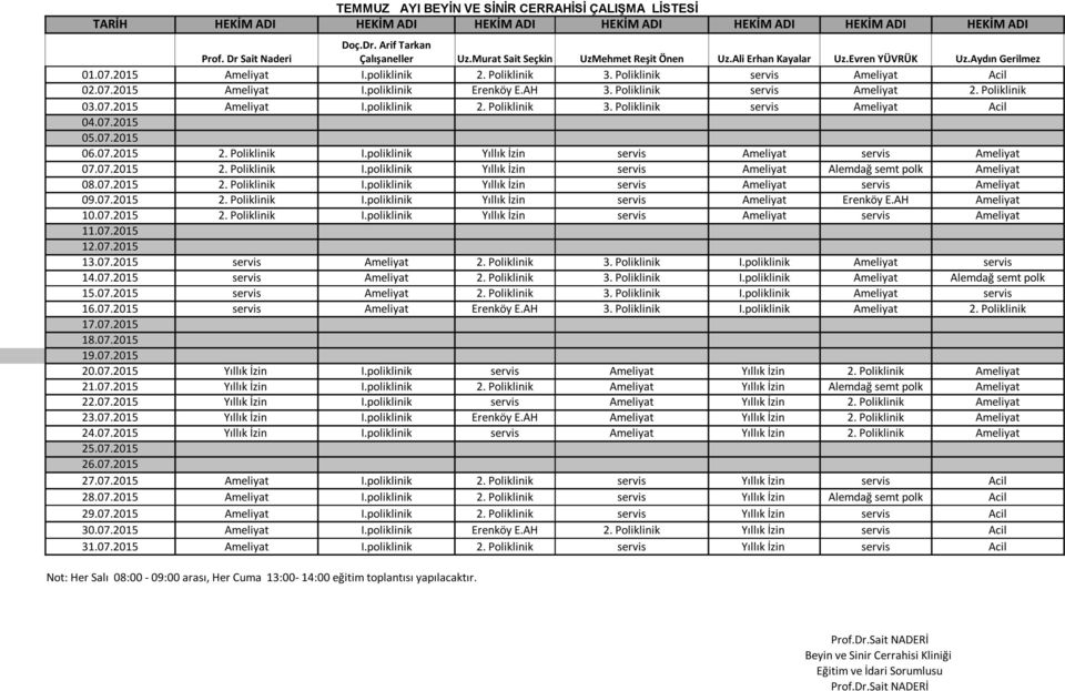 AH 3. Poliklinik servis Ameliyat 2. Poliklinik 03.07.2015 Ameliyat I.poliklinik 2. Poliklinik 3. Poliklinik servis Ameliyat Acil 04.07.2015 05.07.2015 06.07.2015 2. Poliklinik I.