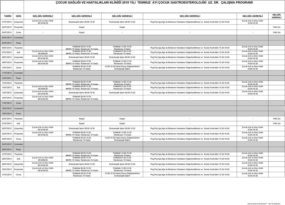 00 Endoskopik İşlem 09:00-15:30 Endoskopik İşlem 09:00-15:30 Peg,Pej,Ogs,Ngs ile Beslenen Hastaların Değerlendiilmesi ve Sonda Kontrolleri 15.30-16.