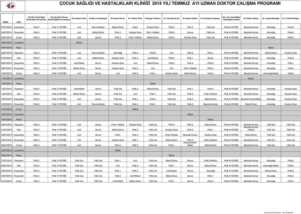 Yılmaz Akbaş Dr. Veysel Bayoğlu Dr. H.Hilal Kırkgöz 01/07/2015 Çarşamba Polk.3 Polk.7+YDYBÜ Acil Servis+Nöbet Nöbet Ertesi Polk1 Kezban Esat Polk.2 Polk.5 Yıllık İzin Polk.
