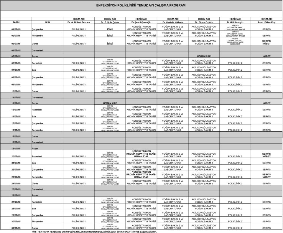 Fidan Kuş 01/07/15 Çarşamba POLİKLİNİK 1 İZİNLİ KRONİK HEPATİT B TAKİBİ LABORATUVAR OLGULARININ TAKİBİ 02/07/15 Perşembe POLİKLİNİK 1 İZİNLİ KRONİK HEPATİT B TAKİBİ LABORATUVAR OLGULARININ TAKİBİ