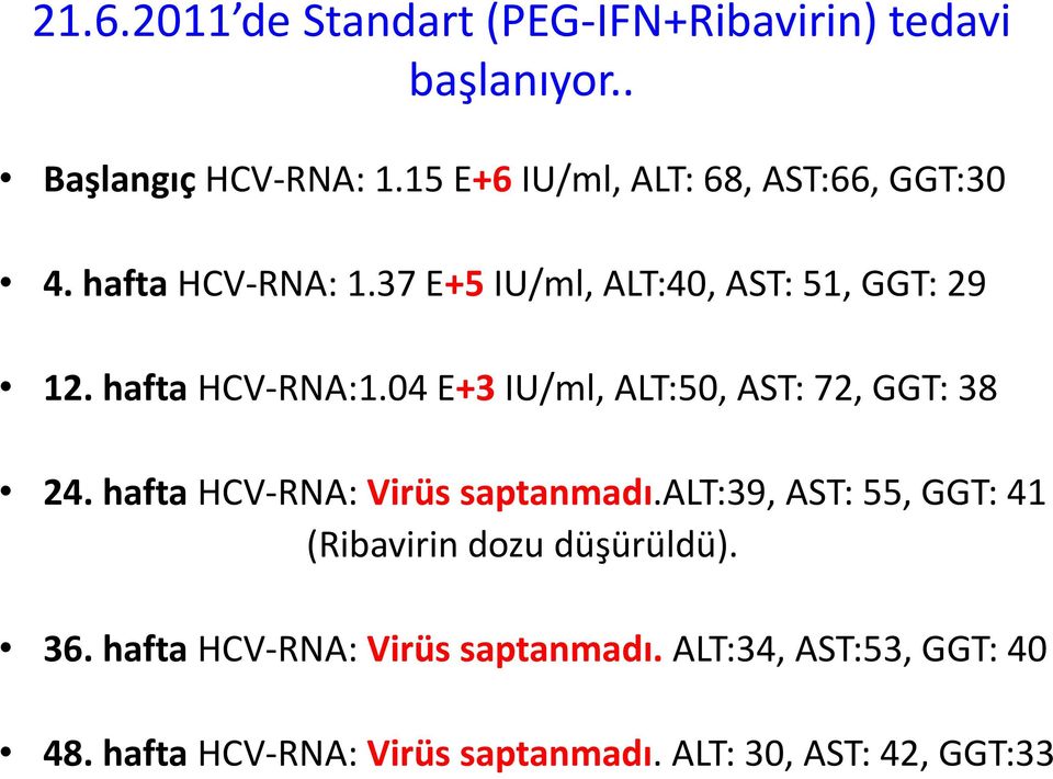 hafta HCV-RNA:1.04 E+3 IU/ml, ALT:50, AST: 72, GGT: 38 24. hafta HCV-RNA: Virüs saptanmadı.