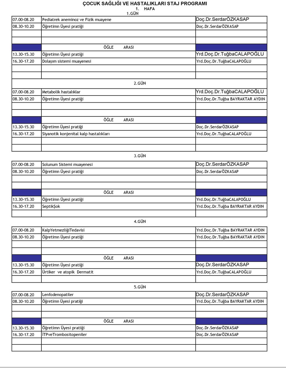 20 Öğretimn Üyesi pratiği Yrd.Doç.Dr.Tuğba BAYRAKTAR AYDIN 13.30-15.30 Öğretimn Üyesi pratiği Doç.Dr.SerdarÖZKASAP 16.30-17.20 Siyanotik konjenital kalp hastalıkları Yrd.Doç.Dr.TuğbaCALAPOĞLU 3.