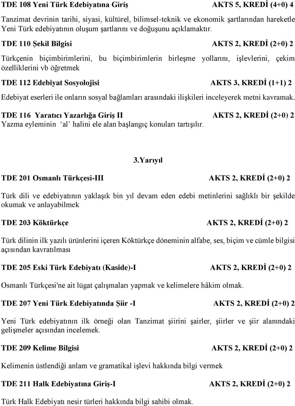 TDE 110 Şekil Bilgisi AKTS 2, KREDİ (2+0) 2 Türkçenin biçimbirimlerini, bu biçimbirimlerin birleşme yollarını, işlevlerini, çekim özelliklerini vb öğretmek TDE 112 Edebiyat Sosyolojisi AKTS 3, KREDİ