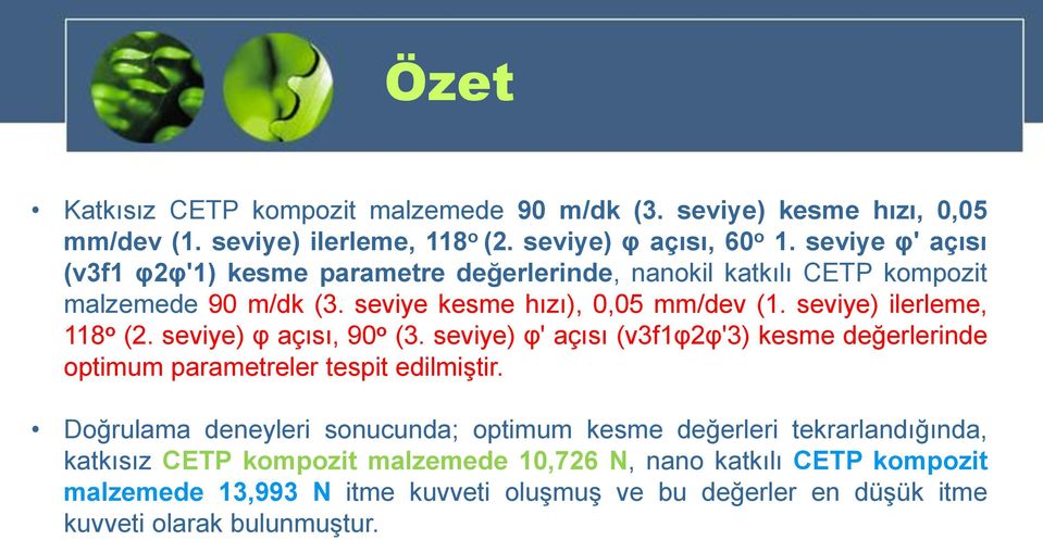 seviye) ilerleme, 118 o (2. seviye) φ açısı, 90 o (3. seviye) φ' açısı (v3f1φ2φ'3) kesme değerlerinde optimum parametreler tespit edilmiştir.