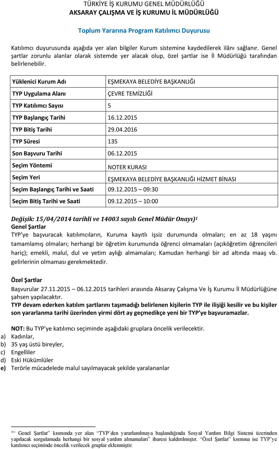 2015 09:30 Seçim Bitiş Tarihi ve Saati 2015 10:00 EŞMEKAYA BELEDİYE