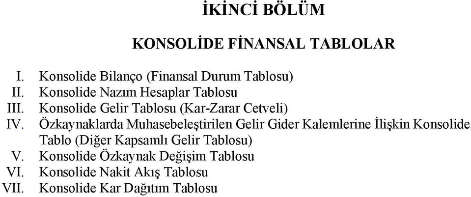 Özkaynaklarda Muhasebeleştirilen Gelir Gider Kalemlerine İlişkin Konsolide Tablo (Diğer Kapsamlı