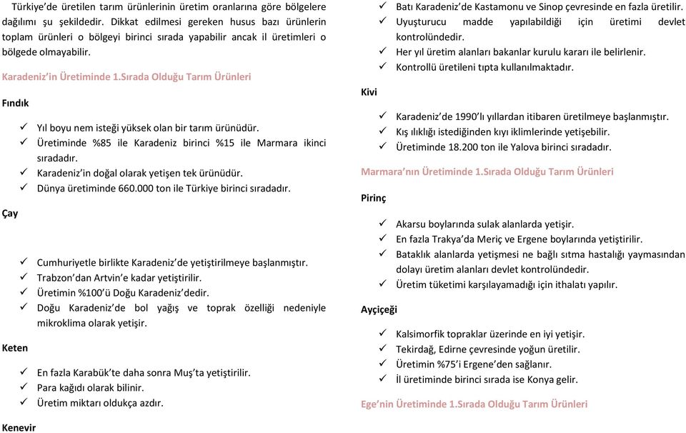 Sırada Olduğu Tarım Ürünleri Fındık Çay Keten Yıl boyu nem isteği yüksek olan bir tarım ürünüdür. Üretiminde %85 ile Karadeniz birinci %15 ile Marmara ikinci sıradadır.