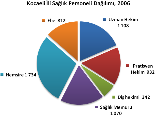 Sağlık İstatistikleri 2006 yılında Kocaeli İlinde toplam 5 998 sağlık personeli dağılımı: 1 108 Uzman Hekim, 932 Pratisyen Hekim, 342 Diş Hekimi, 1 070 Sağlık Memuru, 1 734 Hemşire ve 812 Ebe dir.