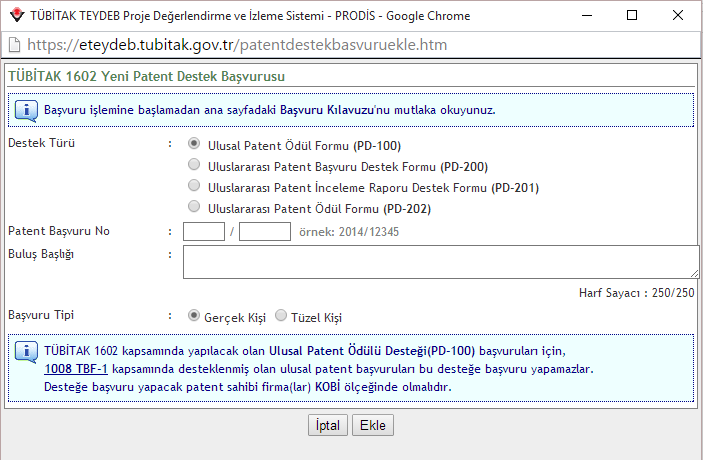 TÜBİTAK 1602 Patent