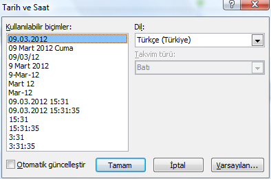 Şekil 12. Tarih ve Saat Penceresi Bu pencereden slayt üzerindeki metinde istenilen bir alana tarih ve saat bilgisi istenilen bir biçimde eklenebilecektir.