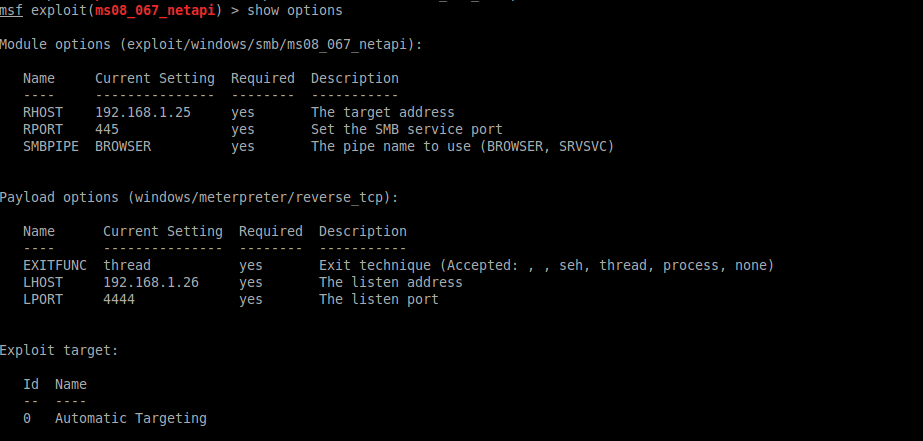 ms08-067 netapi exploiti başarıyla çalıştırılmış ve 192.168.1.25 üzerinde meterpreter shell açılmıştır.