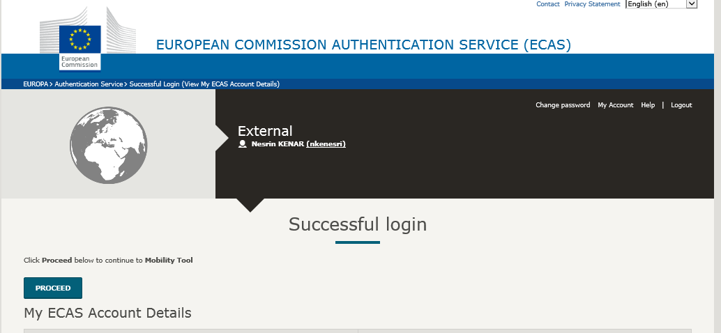 ECAS kullanıcı adı ve şifreniz ile girişinizi