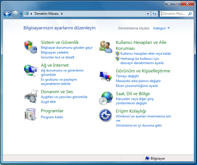 Windows 7 de, Denetim Masasının görünümü değiştirilmiş ve görevlerin kategorilendirilmesiyle yeni bir denetim masası geliştirilmiştir.