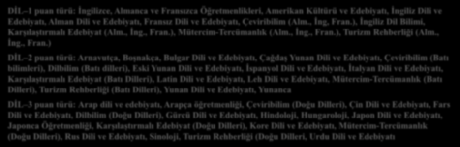 DİL 1 puan türü: İngilizce, Almanca ve Fransızca Öğretmenlikleri, Amerikan Kültürü ve Edebiyatı, İngiliz Dili ve Edebiyatı, Alman Dili ve Edebiyatı, Fransız Dili ve Edebiyatı, Çeviribilim (Alm.