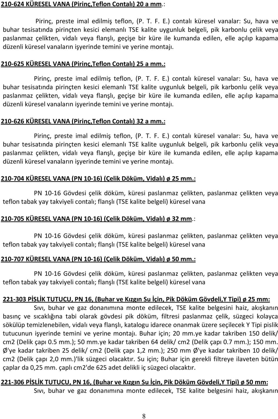 kumanda edilen, elle açılıp kapama düzenli küresel vanaların işyerinde temini ve yerine montajı. 210-625 KÜRESEL VANA (Pirinç,Teflon Contalı) 25 a mm.: Pirinç, preste imal edilmiş teflon, (P. T. F. E.