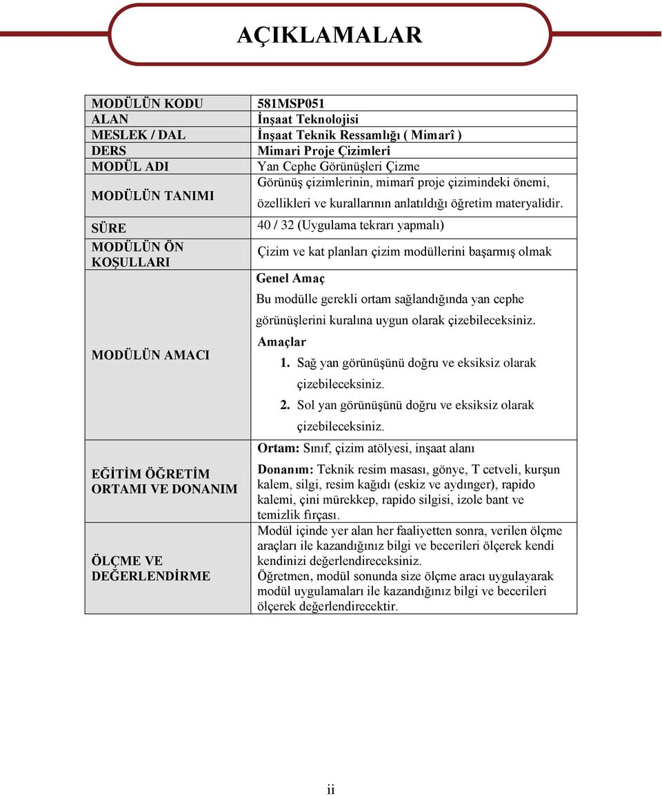 SÜRE MODÜLÜN ÖN KOġULLARI MODÜLÜN AMACI EĞĠTĠM ÖĞRETĠM ORTAMI VE DONANIM ÖLÇME VE DEĞERLENDĠRME AÇIKLAMALAR 40 / 32 (Uygulama tekrarı yapmalı) Çizim ve kat planları çizim modüllerini baģarmıģ olmak