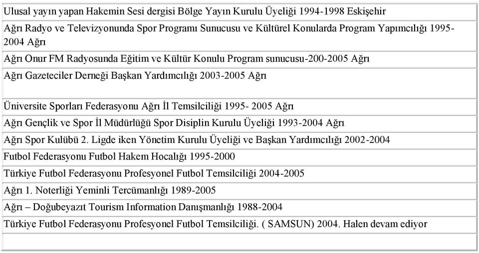 1995-2005 Ağrı Ağrı Gençlik ve Spor Ġl Müdürlüğü Spor Disiplin Kurulu Üyeliği 1993-2004 Ağrı Ağrı Spor Kulübü 2.
