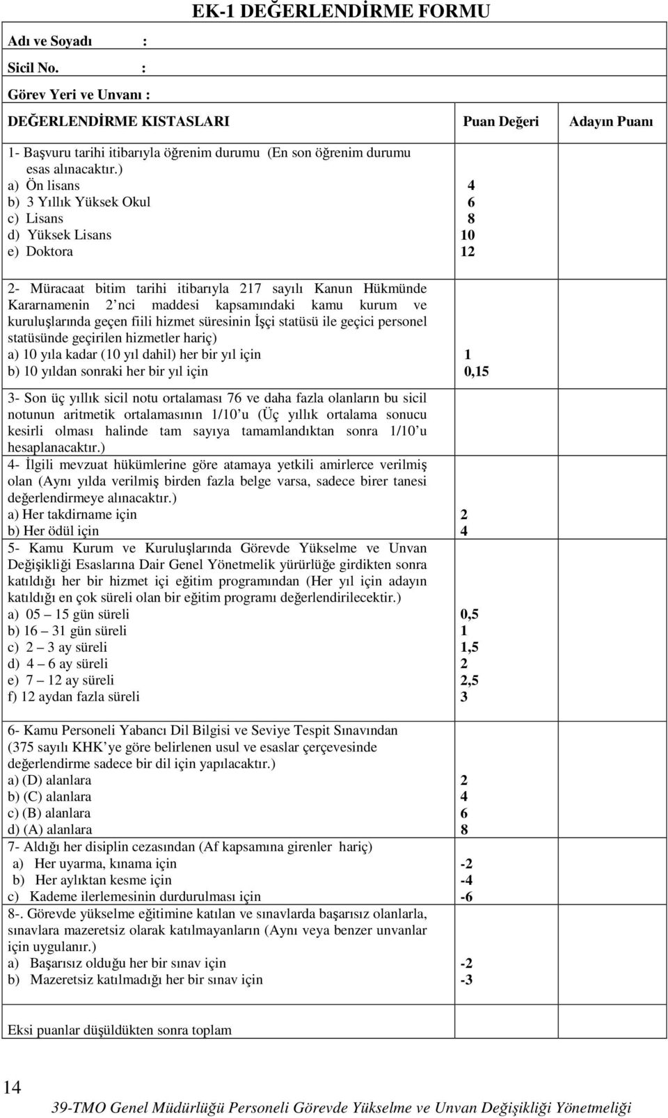 ) a) Ön lisans b) 3 Yıllık Yüksek Okul c) Lisans d) Yüksek Lisans e) Doktora 2- Müracaat bitim tarihi itibarıyla 217 sayılı Kanun Hükmünde Kararnamenin 2 nci maddesi kapsamındaki kamu kurum ve