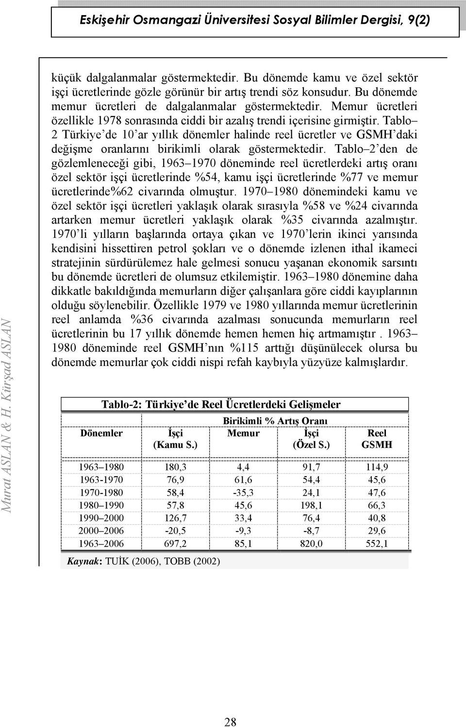 Tablo 2 Türkiye de 10 ar yıllık dönemler halinde reel ücreler ve GSMH daki değişme oranlarını birikimli olarak gösermekedir.