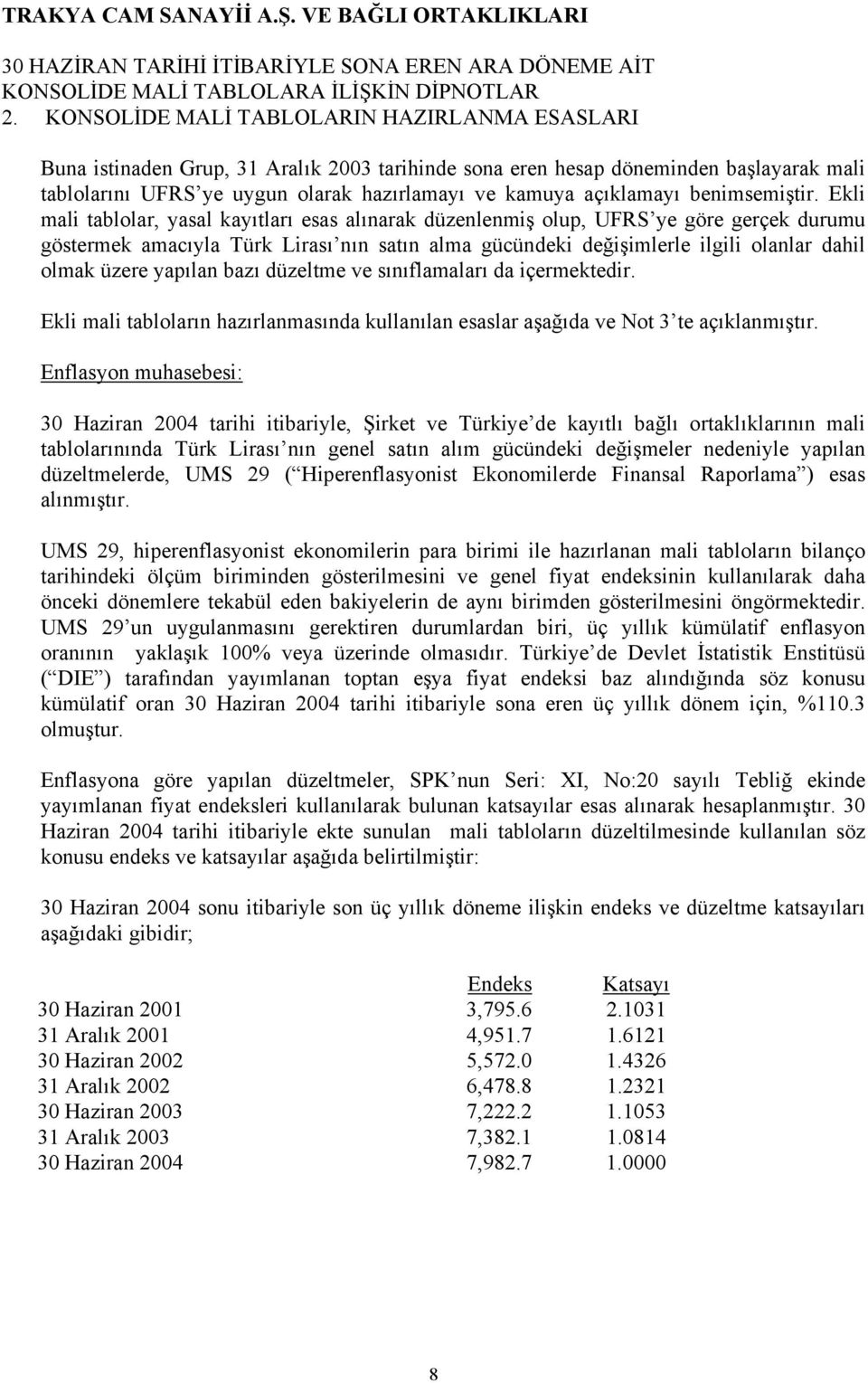 Ekli mali tablolar, yasal kayıtları esas alınarak düzenlenmiş olup, UFRS ye göre gerçek durumu göstermek amacıyla Türk Lirası nın satın alma gücündeki değişimlerle ilgili olanlar dahil olmak üzere