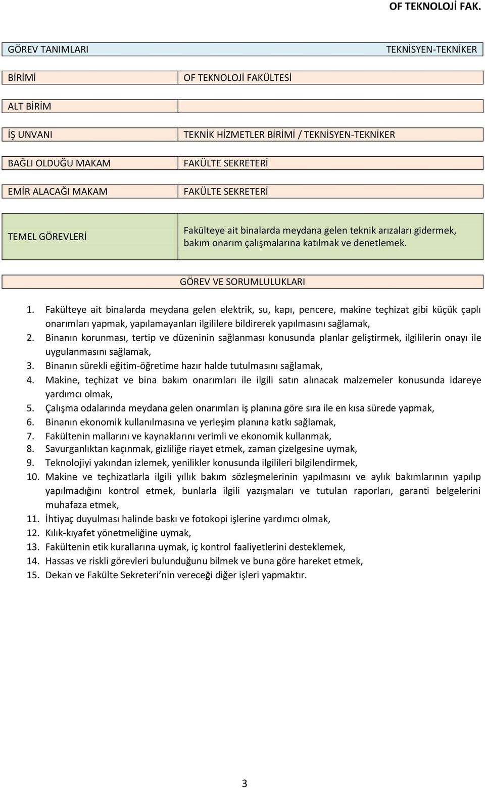 Fakülteye ait binalarda meydana gelen elektrik, su, kapı, pencere, makine teçhizat gibi küçük çaplı onarımları yapmak, yapılamayanları ilgililere bildirerek yapılmasını sağlamak, 2.