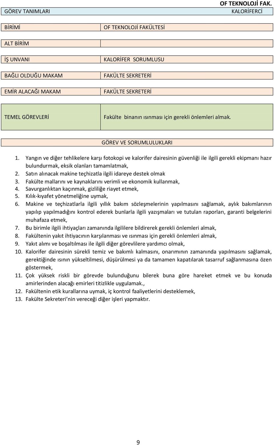 için gerekli önlemleri almak. GÖREV VE SORUMLULUKLARI 1.