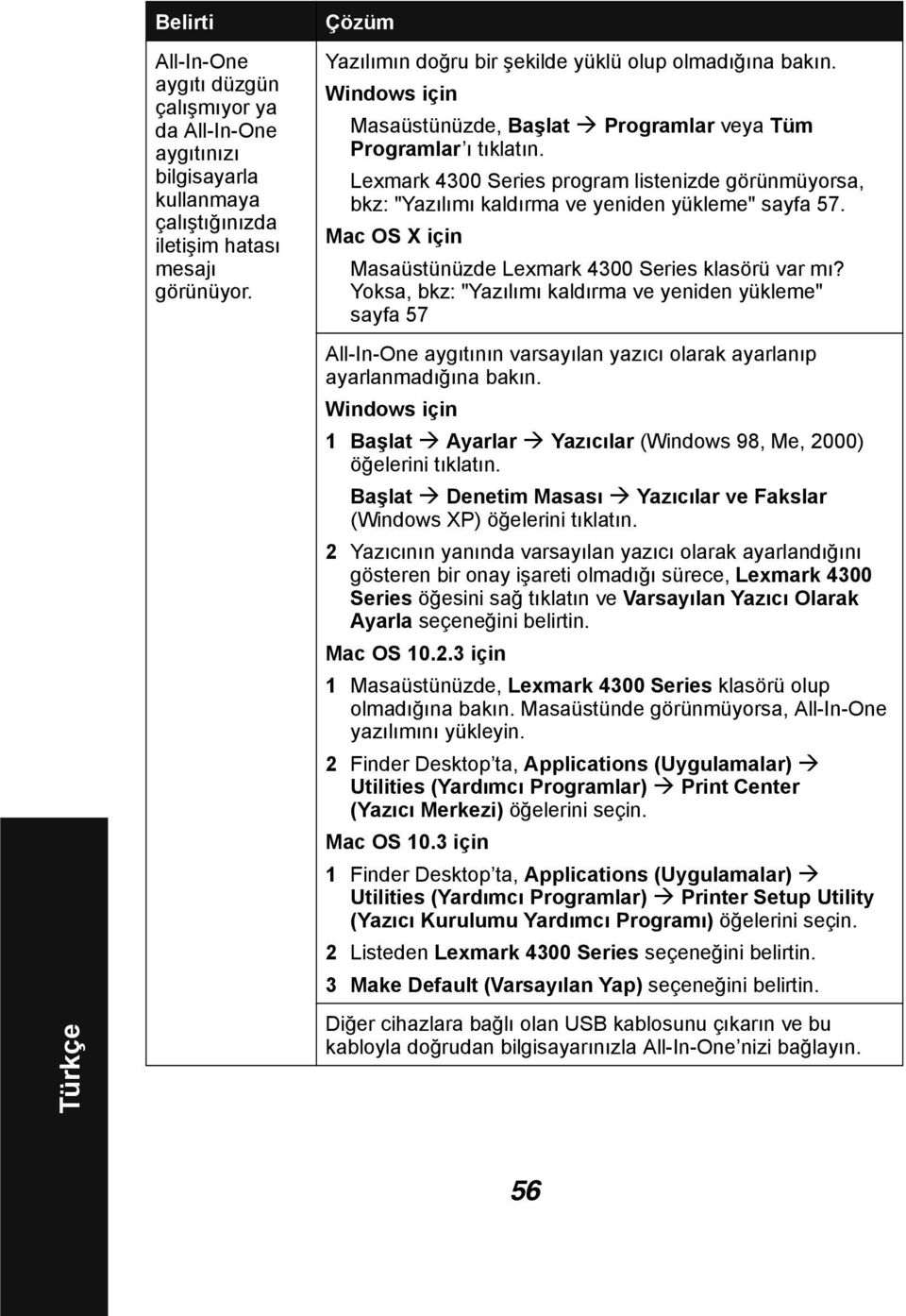 Lexmark 4300 Series program listenizde görünmüyorsa, bkz: "Yazılımı kaldırma ve yeniden yükleme" sayfa 57. Mac OS X için Masaüstünüzde Lexmark 4300 Series klasörü var mı?