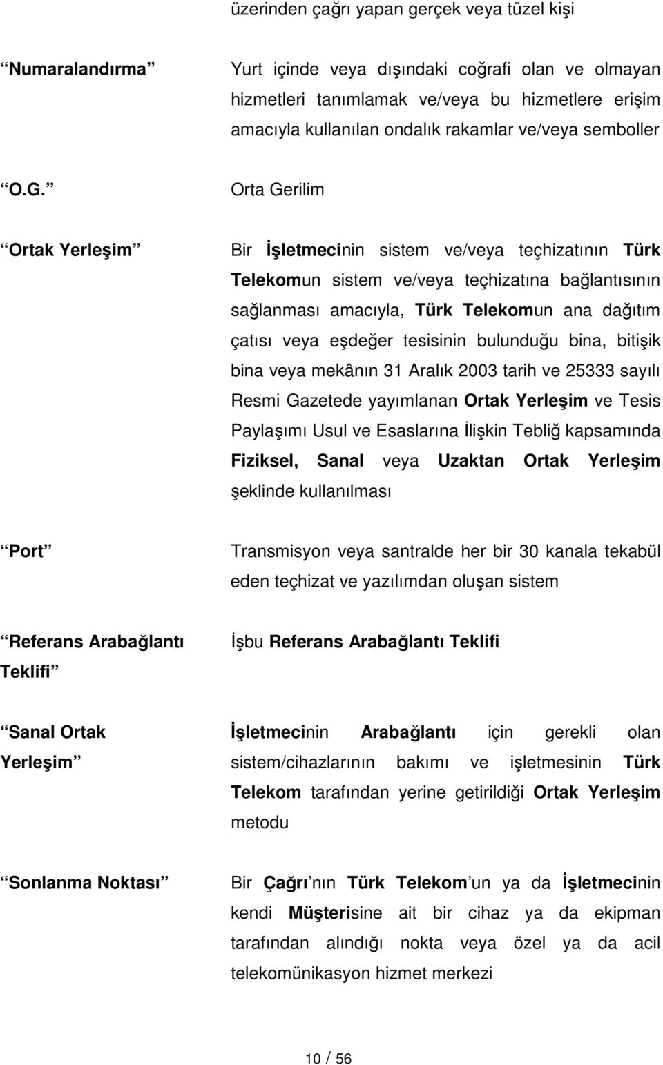 Orta Gerilim Ortak Yerleşim Bir Đşletmecinin sistem ve/veya teçhizatının Türk Telekomun sistem ve/veya teçhizatına bağlantısının sağlanması amacıyla, Türk Telekomun ana dağıtım çatısı veya eşdeğer