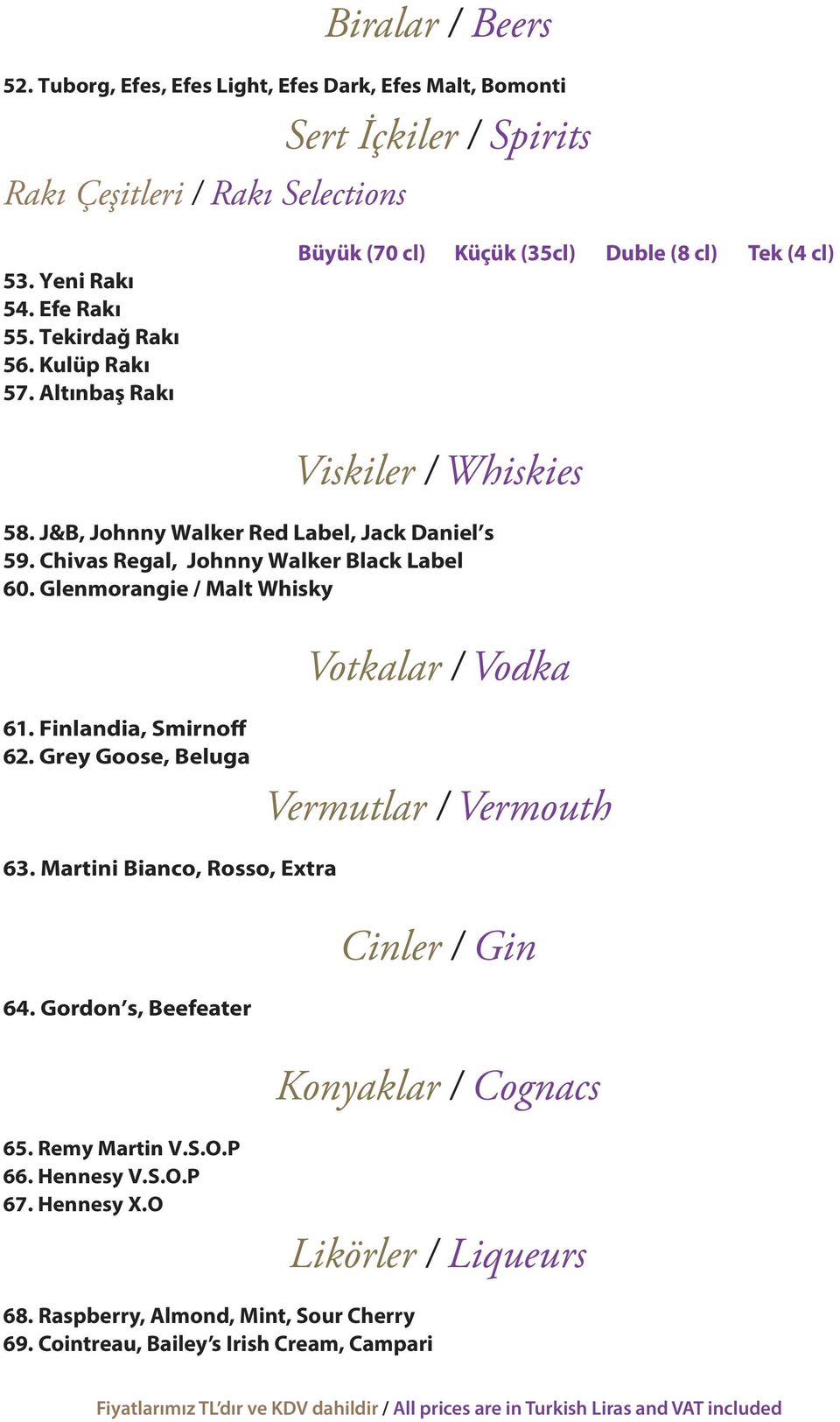 Chivas Regal, Johnny Walker Black Label 60. Glenmorangie / Malt Whisky Votkalar / Vodka 61. Finlandia, Smirnoff 62. Grey Goose, Beluga Vermutlar / Vermouth 63.